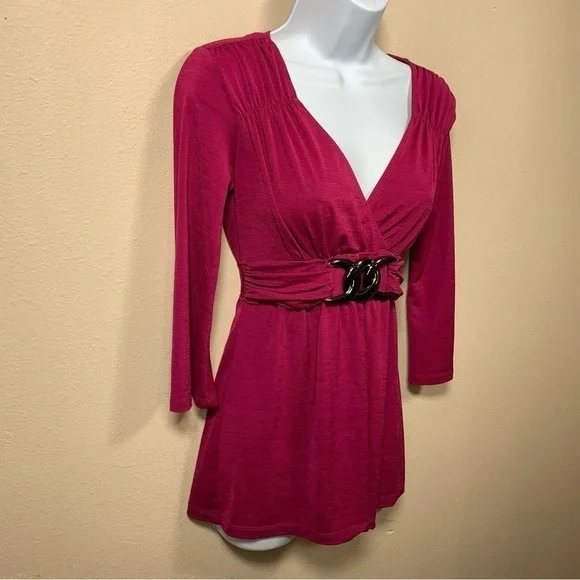 M Vintage 90s Fuchsia Pink Belted Blouse Stretch Medium Y2k - Picture 3 of 6